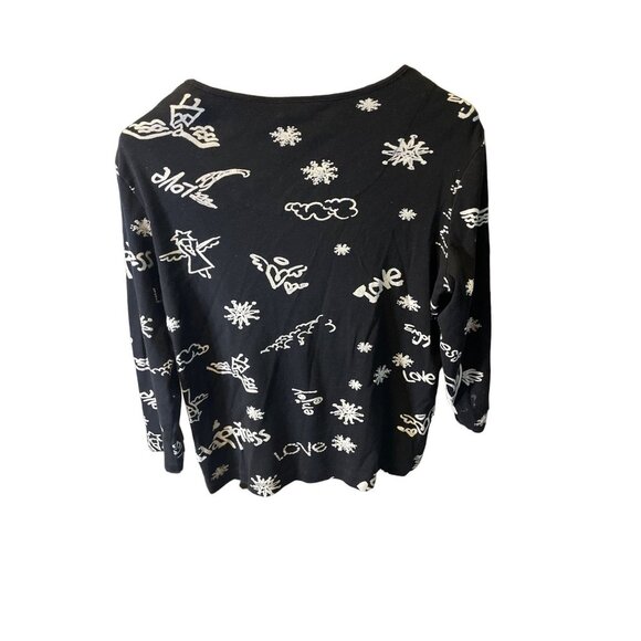 Chico's Grafitti Peace Black White 3/4 Sleeve Round Neck T Shirt Sz L - Picture 2 of 6